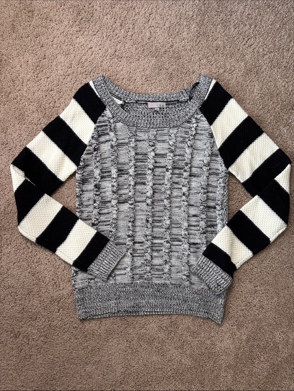t/o Gray Cable Knit Crewneck Sweater with Black & White Striped Sleeves